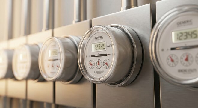 Modern digital smart electric meter showing kilowatt-hour consumption in a row of utility measurement devices with a shallow depth of field and warm, soft lighting