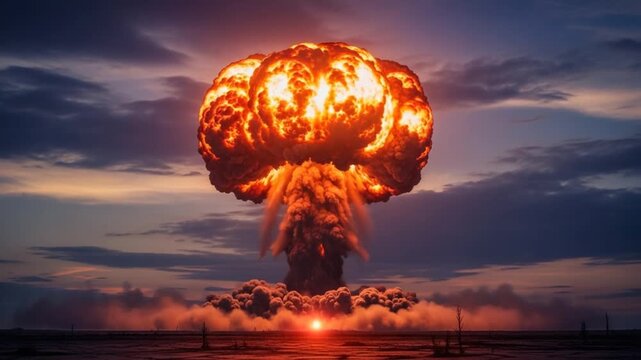 Immense mushroom cloud forming from a catastrophic nuclear bomb explosion at a dramatic sunset over a desolate, war-torn landscape, symbolizing global conflict and destruction