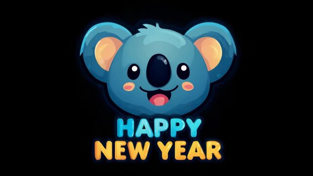Cute cartoon koala character illustration wishing happy new year vector graphic on black background for holiday greeting card or social media post