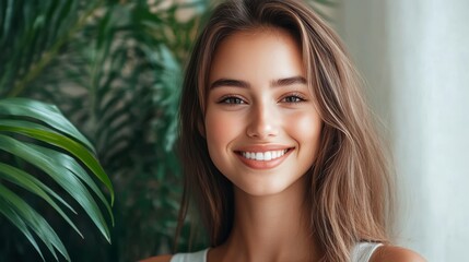 Fototapeta premium Young woman with radiant smile indoors, surrounded by lush green foliage, exuding confidence