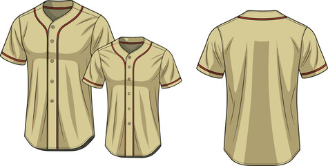 Naklejka premium Baseball jersey sketch, short sleeve design, red piping detail, button-down front, front and back view, sportswear fashion illustration