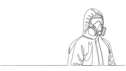 Continuous line drawing of a person in a full protective hazmat suit and gas mask, symbolizing safety and health protection.