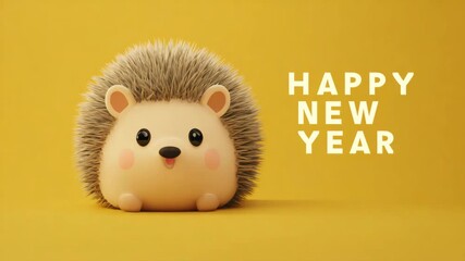 Cute 3D hedgehog illustration with Happy New Year text a festive design element for holiday greetings isolated on a yellow background