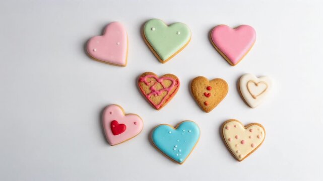 Video von bunten Kekse in Form von Herzchen die sich vor einem wei&szlig;en Hintergrund bewegen