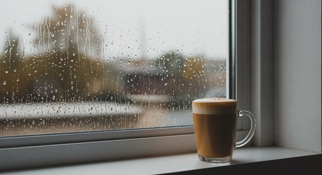 Cozy coffee mug on windowsill during rainy autumn day. Hot latte with foam against window with raindrops. Hygge and comfort concept - Powered by Adobe