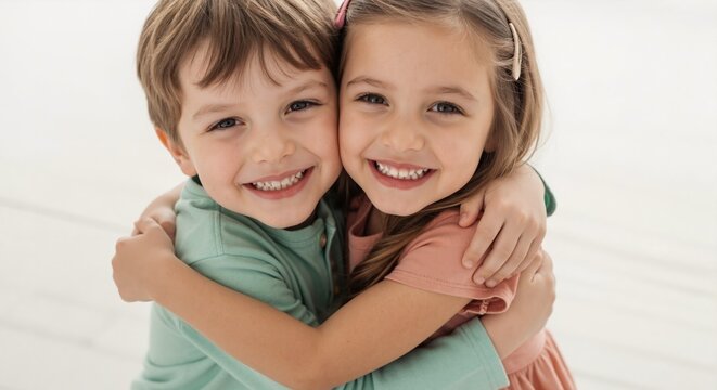Portrait of cute brother and sister hugging. Happy little children smiling together on white background. Sibling love and family concept - Powered by Adobe