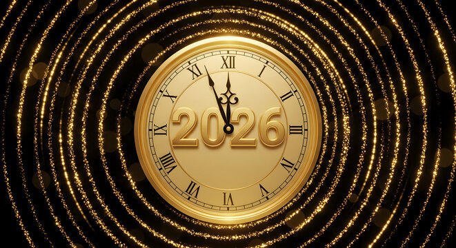 Golden clock 2026 countdown with sparkling light trails on festive background