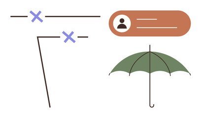 User profile in rectangle, green umbrella, intersecting lines with blue marks. Ideal for security, safety, privacy, insurance, user protection, support systems simple flat metaphor
