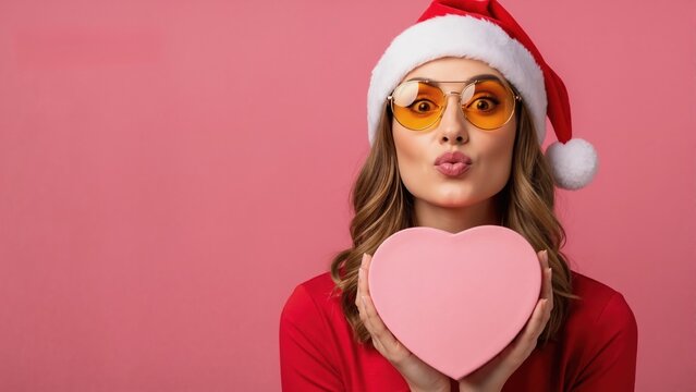 Playful woman in santa hat and sunglasses sending kiss. Stylish girl holding pink heart-shaped gift box for christmas. Holiday concept with copy space on pink background