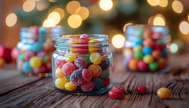 Glass jars filled with colorful holiday candies.