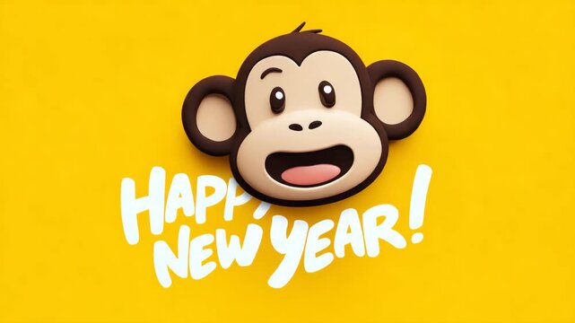 Cute monkey cartoon character wishing Happy New Year on yellow background cheerful animal illustration for holiday greeting cards and festive designs isolated on yellow background