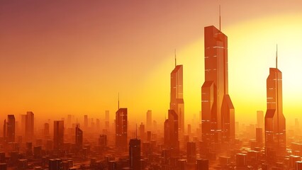 Futuristic cityscape at sunset with skyscrapers in golden light