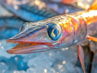 Close-up of vibrant fresh fish on ice.