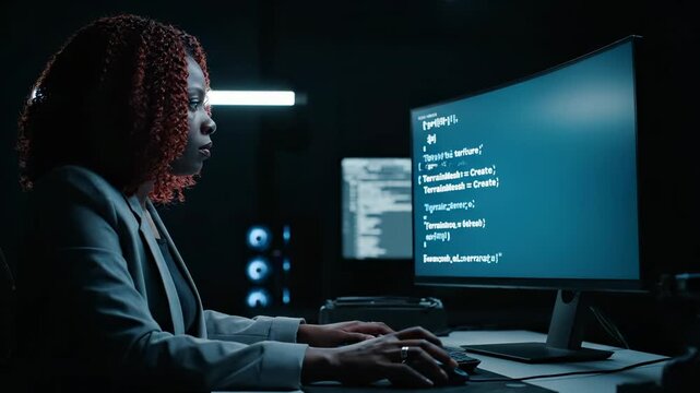 Programmer types code on monitor. Developer reviews software script on screen. Coder writes code late in office. Software project runs on computer. Focused professional uses keyboard and monitor.
