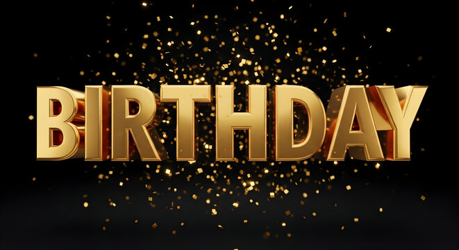 Golden 3d birthday text with sparkling confetti falling, festive celebration