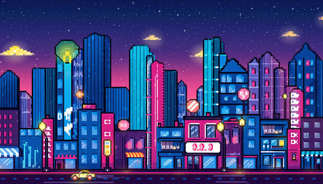 Neon Pixel Cityscape Synthwave Animation Glowing Buildings Loop 4K