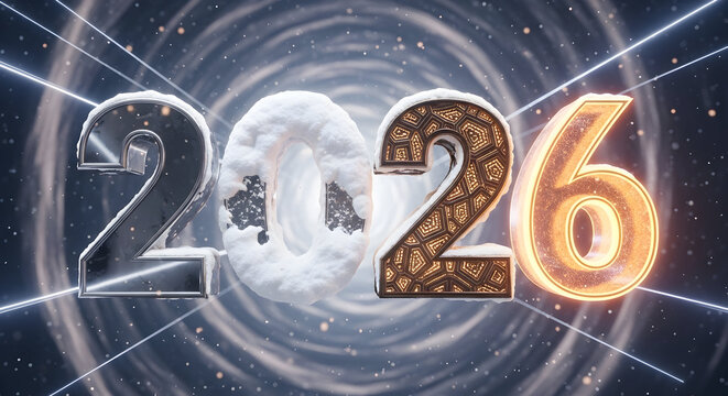 New year 2026 with metallic, snow-covered, glowing numerals on abstract background