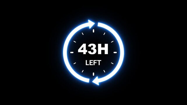 Countdown Timer With 43 Hours Remaining And Glowing Neon Clock Face On Black Background image photo