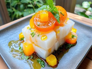 Colorful dessert with fruits and syrup on plate.