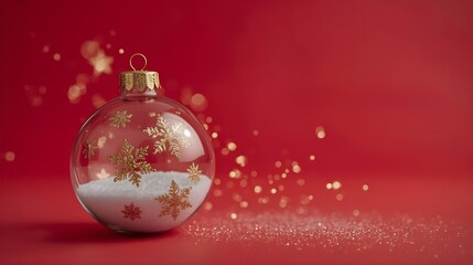 Fototapeta premium A minimalist Christmas and New Year greeting card featuring a clear glass ornament with a golden top. Inside the ornament, there's a small drift of white snow.