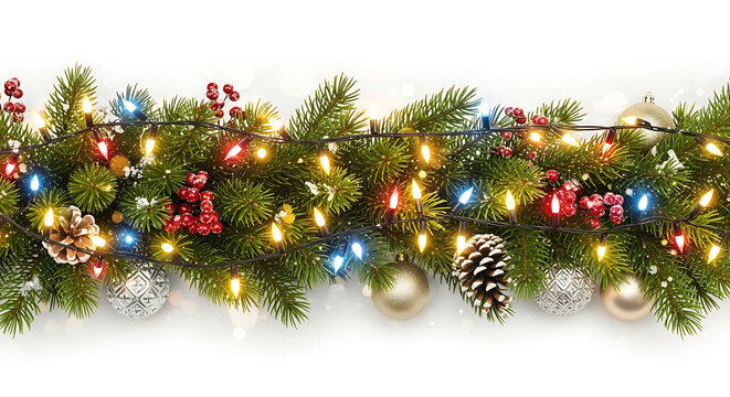 Festive christmas garland with colorful lights, shiny ornaments, natural pinecones, and red berries, isolated on white background - Powered by Adobe