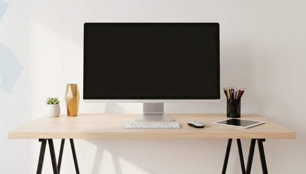 Modern computer monitor with a blank black screen sits prominently on a light wooden desk, surrounded by minimalist office accessories against a bright white wall - Powered by Adobe