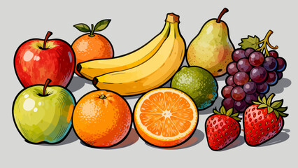 This colorful illustration displays a diverse collection of fresh fruits (including apples, oranges, bananas, pears, and strawberries) in whole and sliced forms