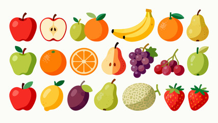 This colorful illustration displays a diverse collection of fresh fruits (including apples, oranges, bananas, pears, and strawberries) in whole and sliced forms