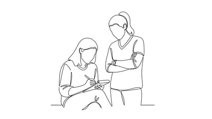 One continuous line drawing illustrating two women collaborating on a business project, discussing ideas and taking notes efficiently.
