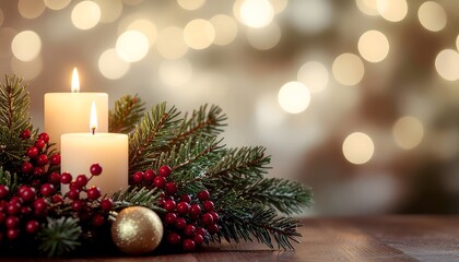 Pine branches, candles, berries, and gold d&eacute;cor.