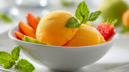 Refreshing tropical fruit sorbet scoops garnished with fresh mint leaves served in a white bowl alongside sliced strawberries and mango pieces on a bright table sett