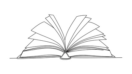 Continuous line drawing of an open book with fanned pages, symbolizing education, knowledge, learning, wisdom, and storytelling.
