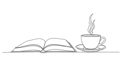 Open book and steaming hot coffee cup in single continuous line art drawing style, education, relaxation, leisure concept vector
