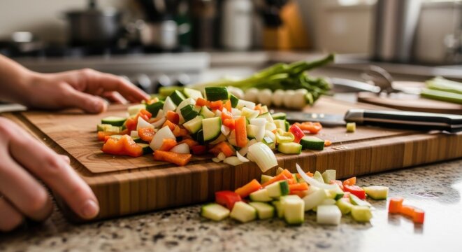 Chopped vegetables on a wooden cutting board, ready for cooking.