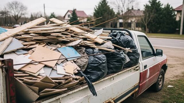 Pickup truck bed overloaded with construction debris, lumber scraps, broken tiles, and black garbage bags for waste removal and disposal service