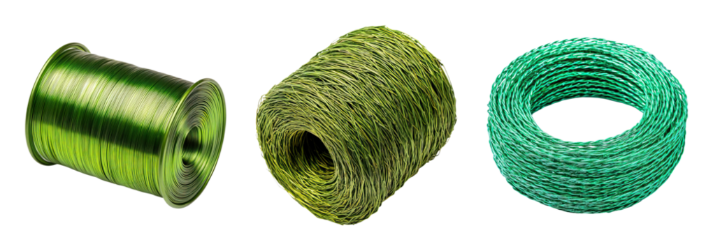 Green spool of wire and two coils transparency background with textured metallic and braided surfaces, organized for product or craft presentation