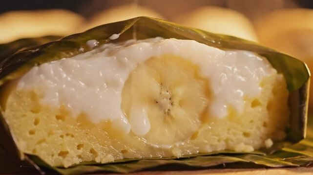 Nagasari Cake Steamed in Banana Leaf Topped with Banana Slice and Sweet Coconut Milk - Appetizing Close-up Shot