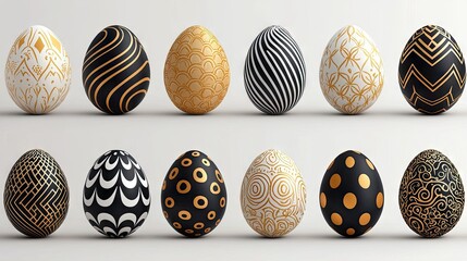 A collection of twelve decorated Easter eggs with various gold and black patterns, arranged in two rows on a white background.