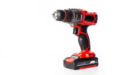 Modern red drill-screwdriver on a white background. Tool for work in industry, isolate