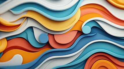 A vibrant and dynamic abstract composition featuring layered 3D wavy shapes in various colors, creating a sense of depth and movement.