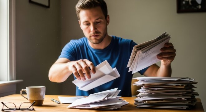 Man sorting through bills and paperwork at a desk in his home office.