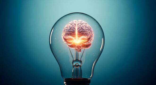 Brightly glowing human brain inside a lightbulb on a blue gradient background for mental health awareness concept and cognitive well-being