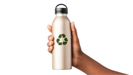 Hand Holding Reusable Water Bottle with Recycle Symbol on White Background