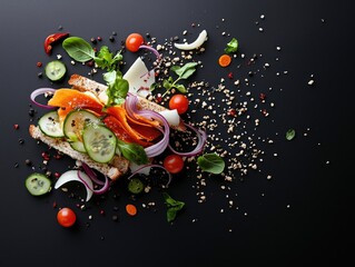A visually appealing sandwich with various fresh ingredients, artfully arranged on a dark background.