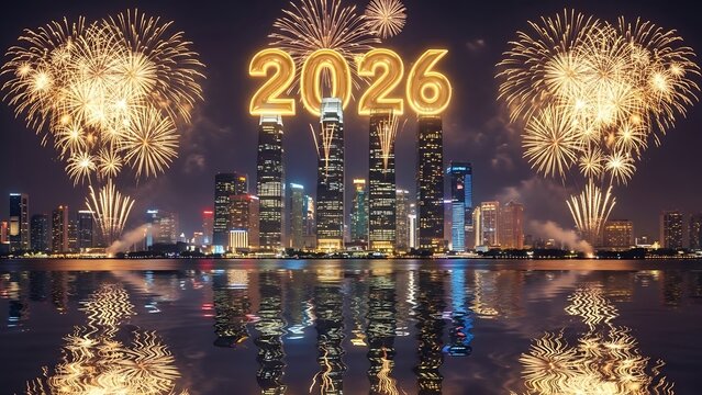Spectacular new year s eve fireworks illuminate the city skyline with the year 2026 glowing brightly