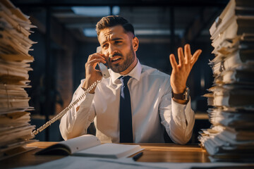 A stressed man with a heavy workload, surrounded by papers and answering the phone