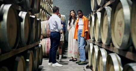 People, conversation and wine tasting in cellar with tour for winemaking process, education or info. Sommelier, friend group and talking in winery for knowledge, holiday activity or bonding together.