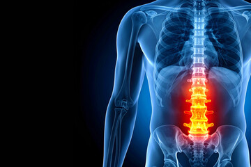 X-ray of the back with a herniated, painful area marked in red.