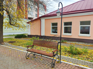 Empty wooden park bench and street lamp on paved walkway, autumn day scene. Yellow leaves cover ground and stone pavement. Buildings with red roof and residential block visible in urban setting.