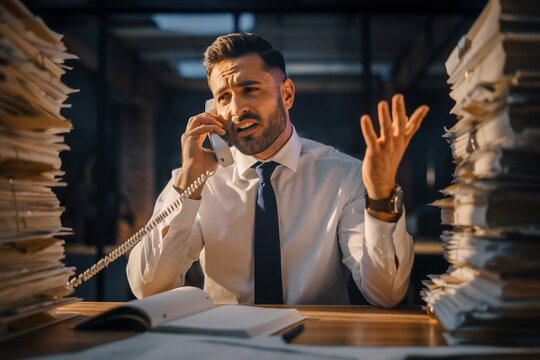 A stressed man with a heavy workload, surrounded by papers and answering the phone